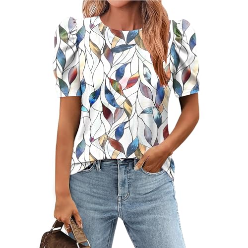 2025 Summer Casual Tops Cute Puff Short Sleeve Floral Shirts Trendy Round Neck Boho Blouses Clothes2