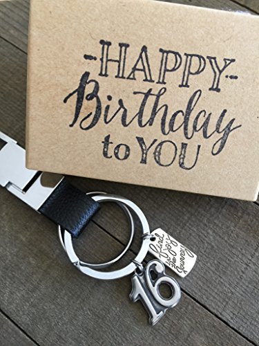 16th Birthday Black Genuine Leather Masculine Key Chain with Gift Packaging for Boy or Girl