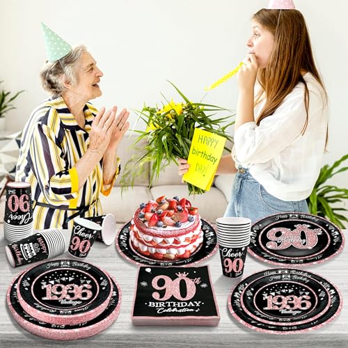 Image of 90th Birthday Decorations Rose Gold, Service for 30, Vintage 90th Birthday Party Supplies Includes Rose Gold 1936 Plates, Napkins,Cups, Plates and Napkins for Women