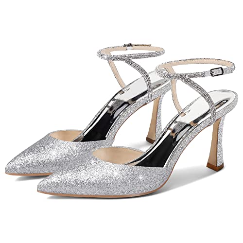 Image of Coutgo Women Rhinestone Heels Kitten High Satin Pumps Pointed Toe Sparkly Sexy Wedding Dress Shoes