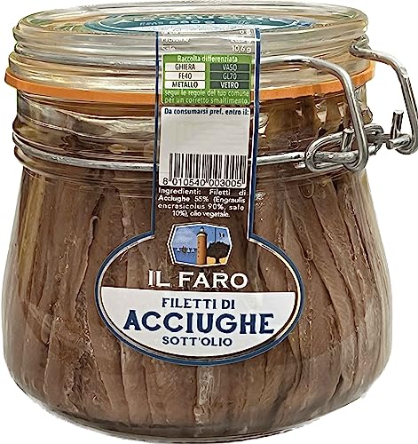 Filetti di Acciughe di Sciacca, Sicilia 'Il Faro' | Sott'Olio | Lavorati a Mano | Vaso Ermetico da 580g