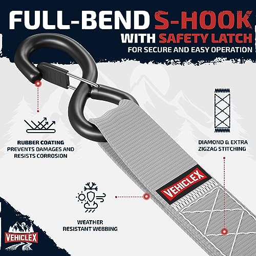 Image of Vehiclex Motorcycle Ratchet Tie Down Straps with Soft Loops, 1.5 inch x 8' | 4,400 lbs Break Strength, Powersports Tie Downs, Full Bend S Hooks with Safety Clips, Reinforced Stitching, 4 Pack, Silver