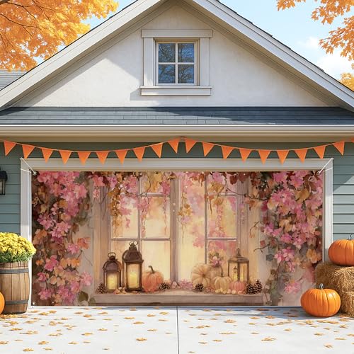 Copertura per porta del garage autunnale rustico finestra vintage con lanterne e zucche grande decorazione per porte del per esterni e interni sfondo per feste di