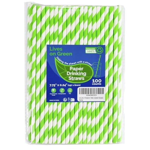Lives on Green Pailles jetables en papier, 19,7 x 0,6 cm, à rayures, 100 pièces, biologiques et compostables