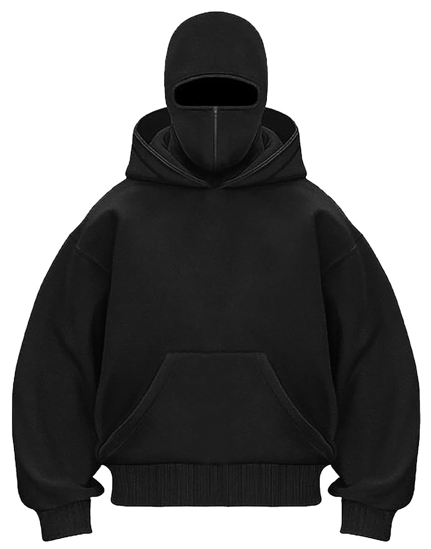 EUDOLAH Men's Balaclava Hoodie Half Zipper Jacket Double Hooded Sweatshirt Wind Resistant Athletic Coat(M,Black)