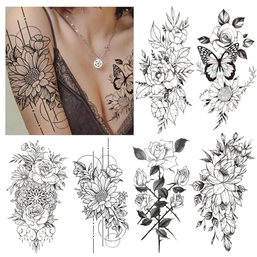 Cerlaza Temporary Tattoos for Women Adults, Fake Flower Tatuajes Temporales Semi Permanent Half Arm Sleeve Tattoos, Long Lasting Realistic Flower Leg makeup Waterproof Halloween Tattoos Stickers