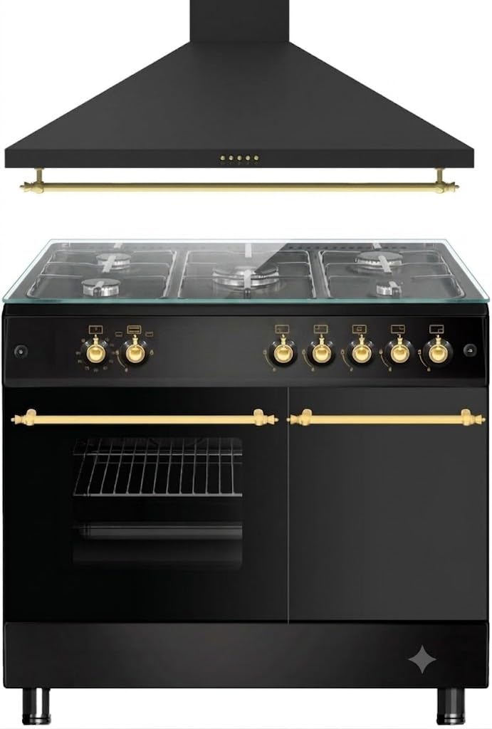 PACK COCINA A GAS F9LT50G2 PORTABOMBONA NEGRA RÚSTICA + CAMPANA DECORATIVA NEGRA RÚSTICA/ANCHO 90 CM/FUEGOS CON ENCENDIDO AUTOMATICO/HORNO 64 L.