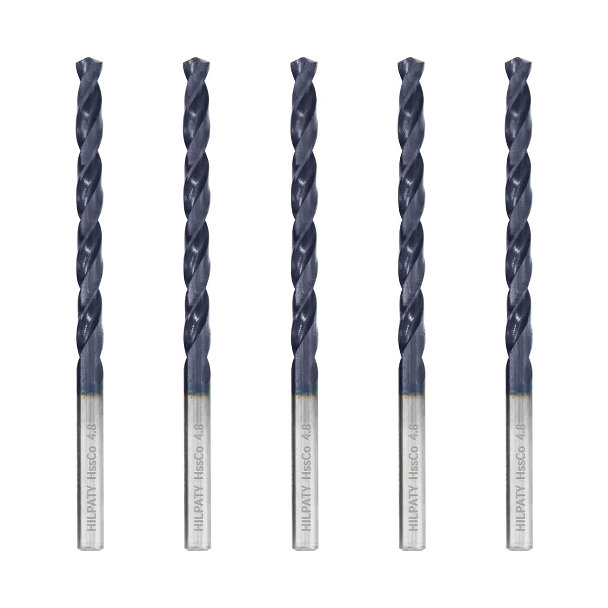 Hilpaty Cobalt Drill Bits 4.8mm x 5pcs M35 HSS Drill Bit for Metal, AlTiN Coating, Standard DIN 338 (4.8mm x 86mm x 5pcs)