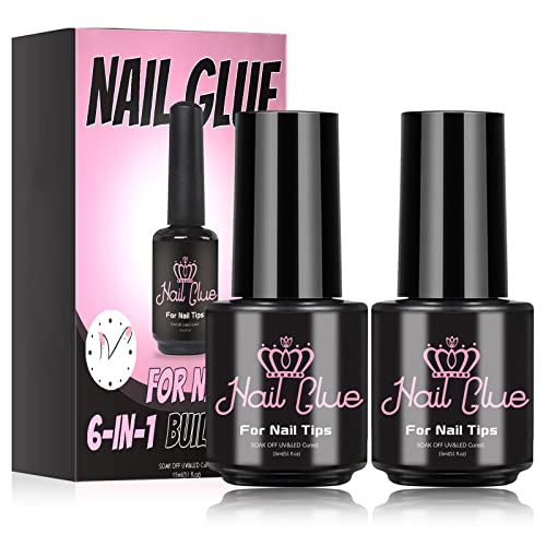 Pegamento de uñas de gel, 2 x 15 ml 6 En 1 Gel de pegamento para uñas acrílicas, Transparente pegamento de gel de uñas para uñas postizas Para Decoración de Uñas Cover