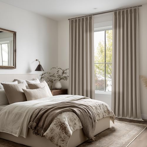 Image of Taupe Pinch Pleated Semi Sheer Linen Curtains 84 Inch Long for Bedroom