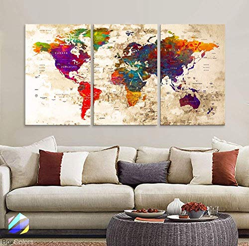 Original by BoxColors LARGE 30″x 60″ 3 panels 30×20 Ea Art Canvas Print Watercolor Multi Color Old Map World Push Pin Travel Wall home office decor (framed 1.5″ depth) M1816