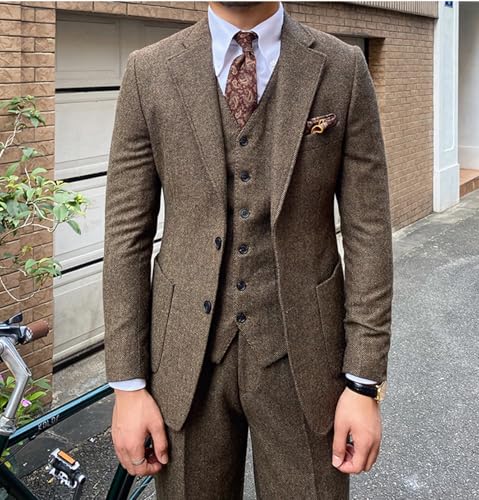 Men’s 3 Piece Wool Tweed Herringbone Men's Suits Two Button Wedding Business Tuxedo Solid Blazer Jacket Vest Pants3
