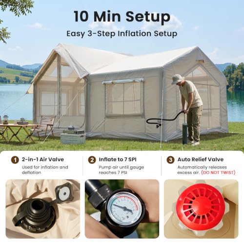 Image of ABORON Inflatable Camping Tent, 4 /6 /8 /10 /12 Person Easy Setup Blow Up Tent with Hand Pump, PU3000mm Waterproof 4 Season Glamping Tent for Outdoor Camping