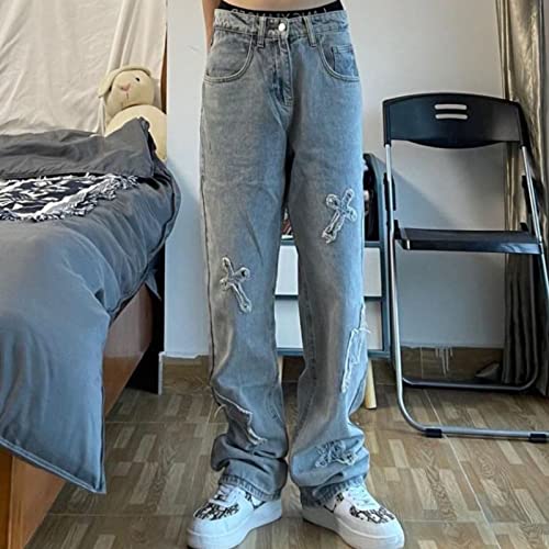 Y2K Men's Cross Patch Embroidered Jeans Hip-hop Street Fashion Design Casual Loose Straight Jeans2