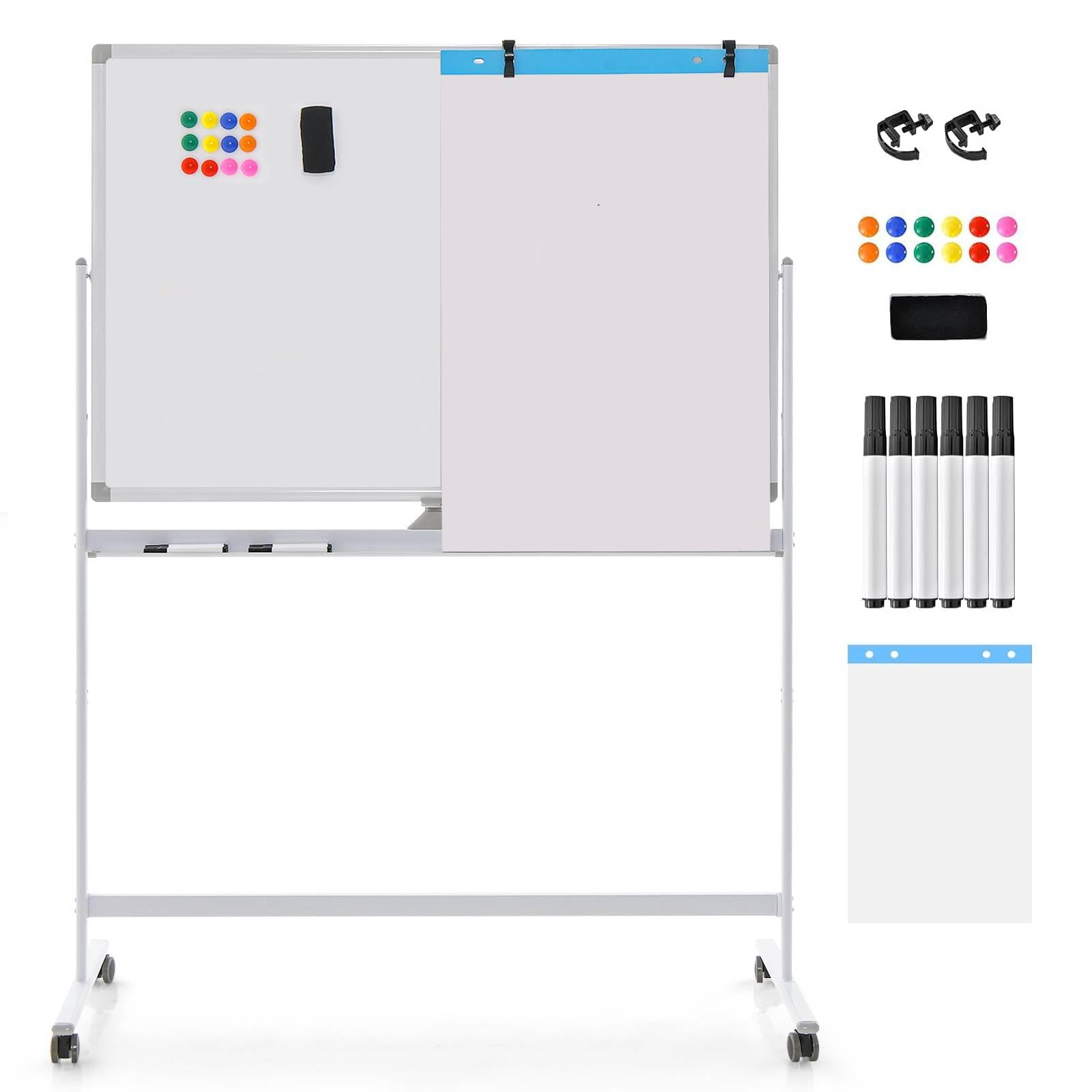 COSTWAY Double Sided Magnetic Whiteboard, Mobile Reversible Dry Erase Board with Black Markers, Eraser, Magnets & Marker Tray, Height Adjustable Standing White Board (120 x 80cm, White) — image 1