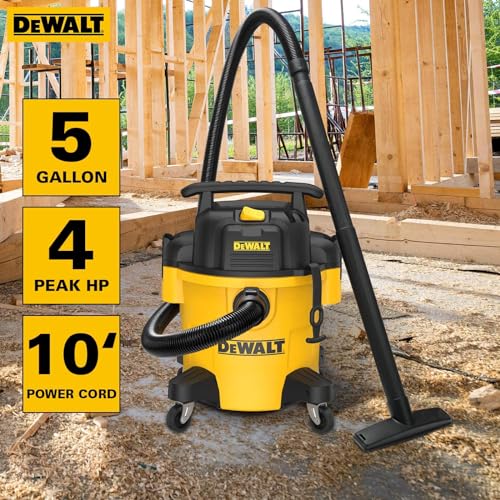 DEWALT DXV05P 5 Gallon Poly Wet/Dry Vac, 4 Peak HP Shop Vacuums with Attachments, Powerful Suction, 1-7/8" Hose, DXV05P, Yellow