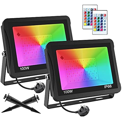 T-SUNUS 100W RGB LED Flood Lights, Colour Changing LED Security Garden Light with Remote Control, 16 Colours & 4 Modes, Waterproof Floodlight with UK Plug & Remote Control, Pack of 2 Cover