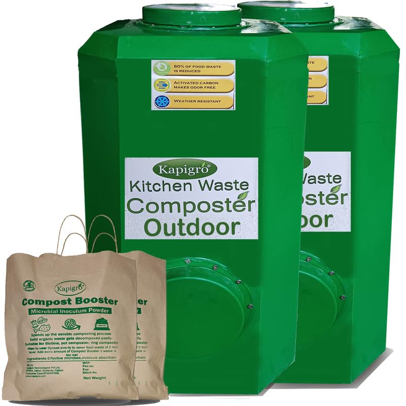 Kapigro Food Waste Composting Bin(Large 70 litresx2)-Outdoor Aerobic Composter for Converting All Kinds of Kitchen Food Waste Into Fertilizer - Green (Pack of 2)