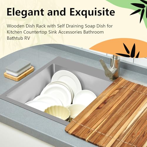 Teenyyou TEENYYOU-0749 Over Sink Dish Drying Rack Kitchen Teak Wood Roll Up Rack With Self Draining Soap Dish Wooden Dish Racks For Kitchen Counter Space Sink Accessories Bathroom Bathtub Rv thumb #5