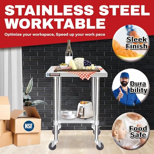 Image of DuraSteel 24x18 NSF Stainless Steel Cart Work Table - Heavy Duty Rolling Food Prep Table - Metal Utility Cart on Wheels Caster, Grill Stand Microwave Outdoor Kitchen Tables Countertop Island Large Top