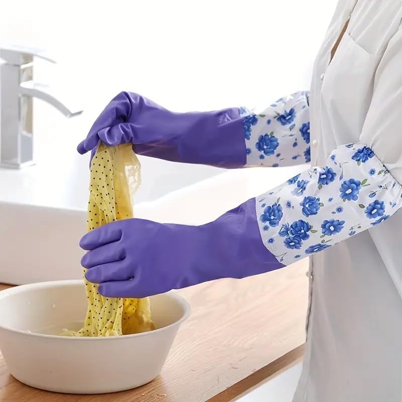 Image of GDNK Reusable Rubber Latex PVC Flock lined Long Sleeves elbow length Hand Gloves for Kitchen Dish-Washing, Cleaning Gloves (Pack of 2) (Green + Purple)