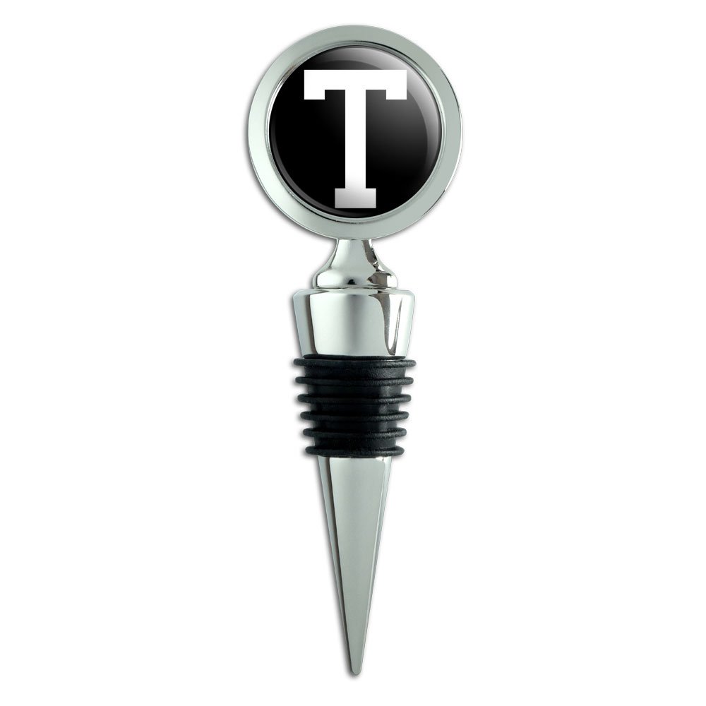 Letter T Initial Black White Wine Bottle Stopper