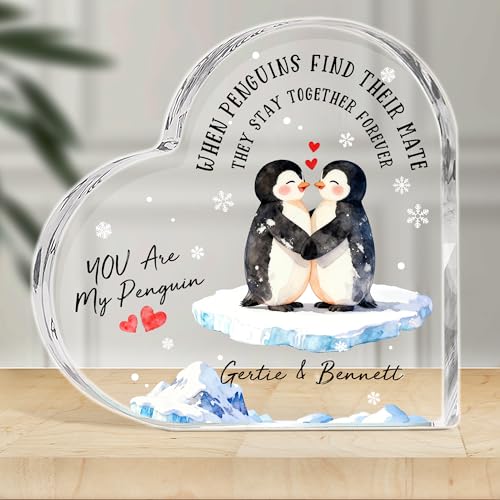 CALLIE Personalized Acrylic Plaque | Custom Names Penguin Heart-Shaped Acrylic Stand | Anniversary...