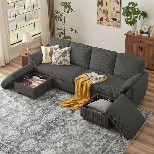 Image of Convertible Sectional Sofa with Storage Ottomans & Long Bench /Coffee Table, Modern Corduroy, U-Shaped Couch with Double Chaise, 4 Seat Sofa Set Couches for Living Room, Apartment, Dark Grey