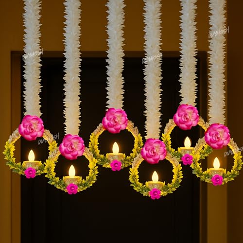 Divyakosh Wall Hangings, Handmade Psychedelic Door Valance Wall Hangings, Artificial Flowers for Diwali Decoration, LED Lights Not Included, Style 8, 20 Inches, Set of 4