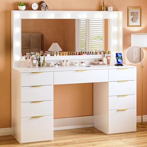 ALEXNUTRE Vanity Desk with Large Mirror and Lights, 45.3in Makeup Vanity with Power Outlet 9 Drawers...