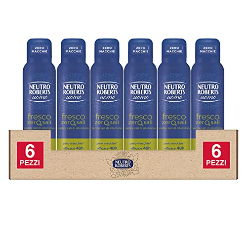 6x Neutro Roberts Deodorante Spray Uomo Fresco Zero Sali Efficace 48h Essenza Agrumata - 6 Flaconi da 150ml ognuno