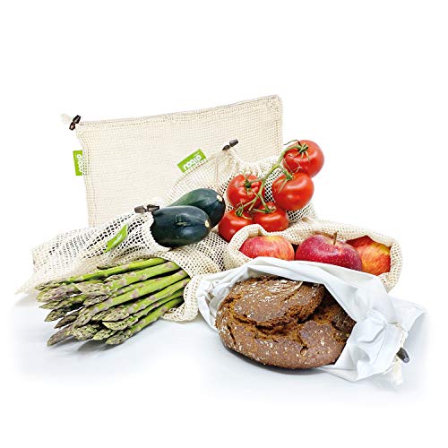 dibou ® Wiederverwendbare Obstbeutel + Gemüsebeutel aus Bio Baumwolle | ÖKO Tex | LFGB getestet | waschbar | umweltfreundliche Einkaufstaschen mit Kordelzug u. Gewichtsangabe, 6er Set