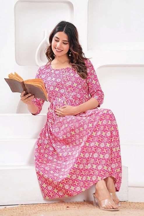 Image of Women's Pure Cotton Floral Printed Maternity Feeding Kurti with Zipper Feeding Dress for Women Feeding Gown