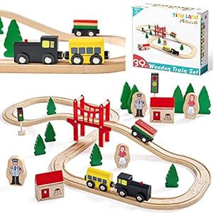 Tiny Land Wooden Train Set for Toddler – 39 Pcs- with Wooden Tracks fits Thomas, fits Brio, fits Chuggington, fits Melissa and Doug – Expandable, Changeable-Train Toy for 3 4 5 Years Old Girls & Boys