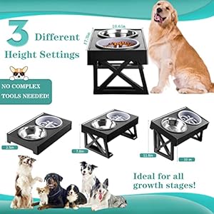 Elevated Dog Bowls, 3 Adjustable Heights Raised Pet Stand with Slow Feeder 2 Stainless Steel Food & Water Bowls for for Small Medium Large Dogs and Pets