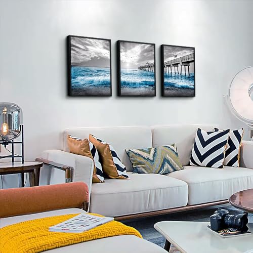 Black Framed Wall Decorations For Living Room Canvas Wall Art For Bedroom Office Wall Decor Black And White Wall Painting Blue Ocean Sea Wave Pictures Artwork For Modern Posters Prints Home Decor