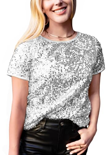 Anna-Kaci Women's Sparkly Sequin Top Short Sleeve Glitter Concert Party Disco Shirt Blouse, Silver,...