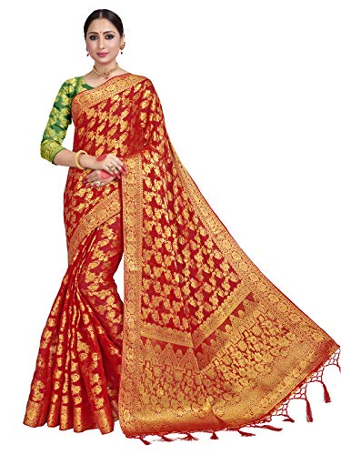 Vardha Sarees for Women's Banarasi Chiffon Silk || Indian Ethnic Wedding Woven Saree Gift Sari with Non Stitched Blouse Red