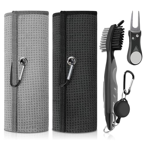 Golf Towels, 2 Pcs Microfiber Waffle Pattern Towels with Golf Club Cleaner Brush, Golf Divot Repair Tool, Golf Accessories for Men