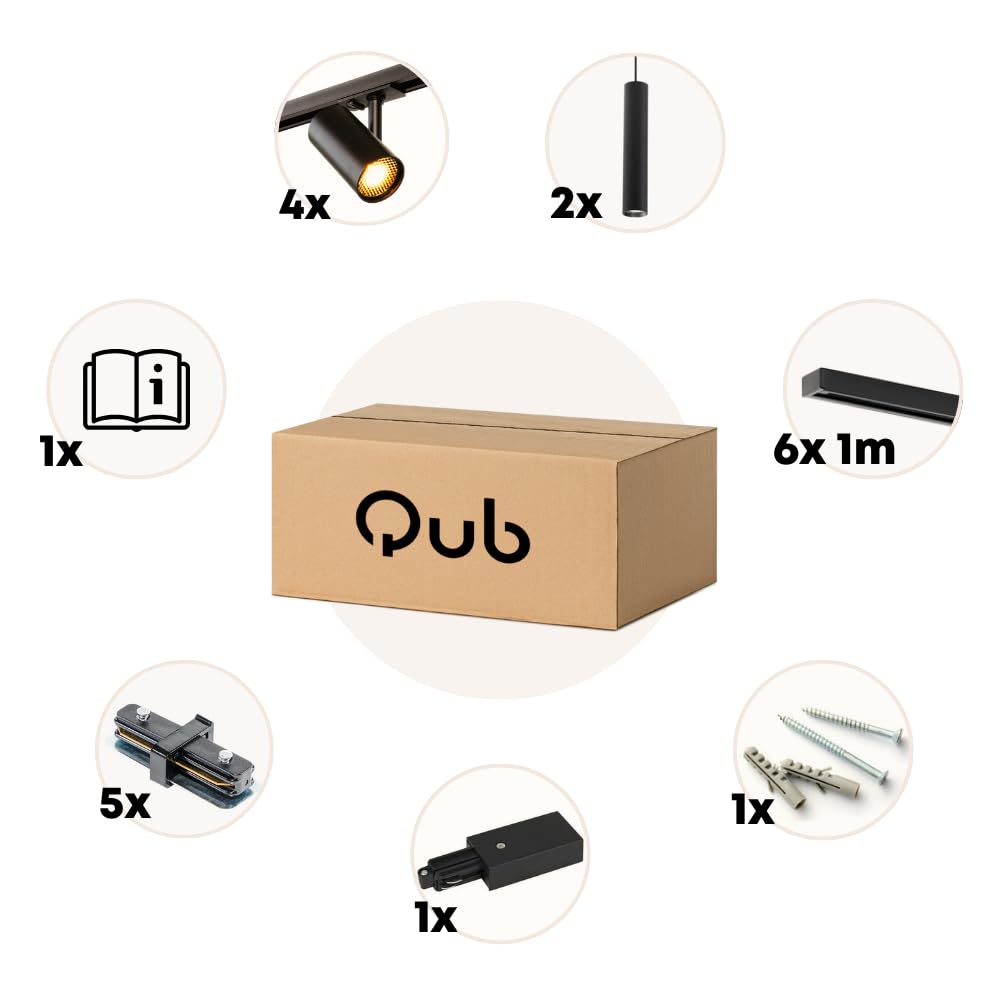Qub Focus III Monophasé Luminaire Plafonnier LED – 600cm - 4x Viror Mesh Spots & 2x Suspensions - 1x 3m Barre de Spot Plafond – I-Form - Plafonnier intérieur Noir – Spots et Rails de Spots