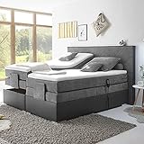 Lomadox Boxspringbett 180x200 cm Hotelbett Doppelbett, Kunstleder mit Stoff dunkelgrau, elektr. verstellbar, 7-Zonen Taschenfederkern-Matratze H2, Visco-Topper 6 cm