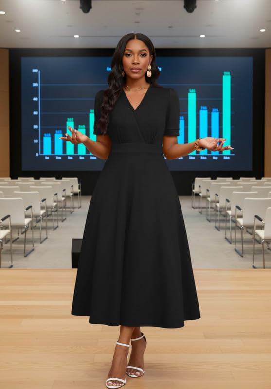 Image of MarryUP Women's Midi Dresses - V Neck Cocktail & Church Tea Dresses - Short Sleeve A-Line Swing Dress