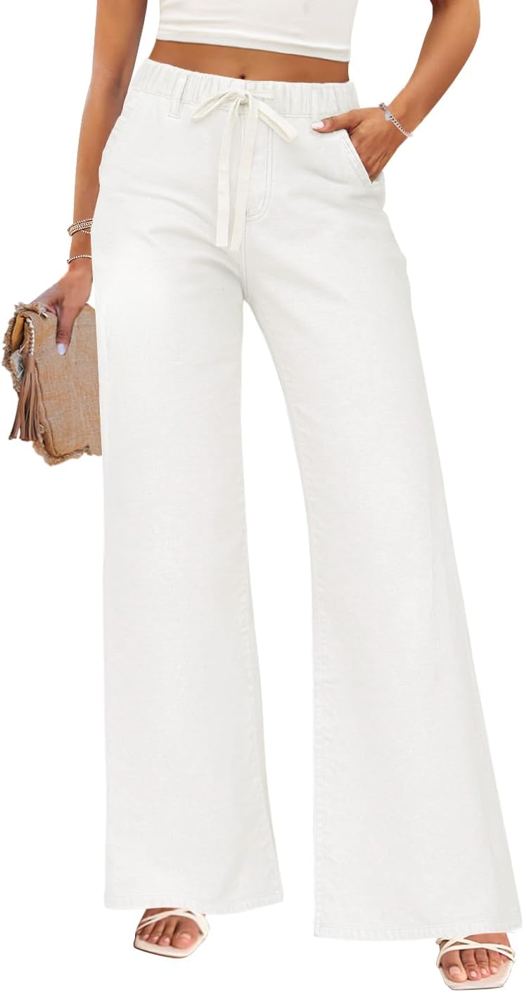 ZESICA Womens Drawstring High Waist Jeans Loose Fit Wide Leg Straight Baggy Trendy Denim Pants with Pockets