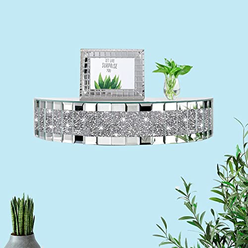 TACIDON Mirrored Floating for Wall Decor. Glamorous Crystal Crush Diamond Decorative Wall Shelf. Silver Mirror Glass Shelf. Suitable for Room, Bedroom,Bathroom or Living Room.(15”x6”x3”)