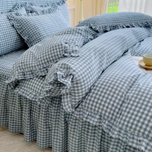 Image of LifeTB Queen Comforter Set Blue Gingham Comforter Vintage Ruffle Plaid Checkered Pattern Comforter Set Queen Fluffy Soft Gingham Bedding Set Farmhouse Plaid Grid Bed Comforter with 2 Pillowcases