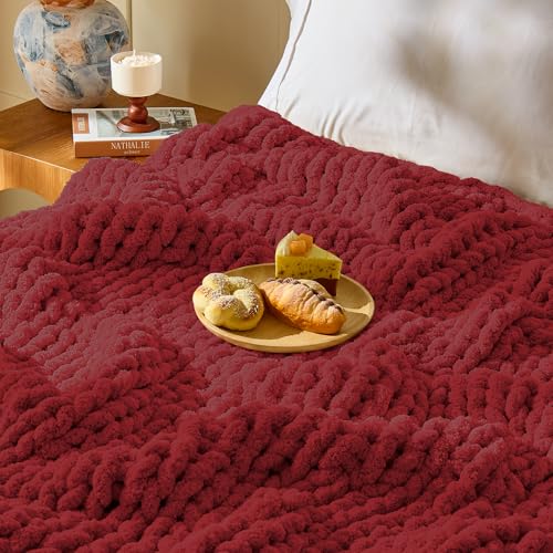 Image of Inhand Dark Red Chunky Chenille Yarn for Hand Knitting,Thick Bulky Mom Blanket Yarn for Crocheting,Soft Fluffy Yarn for Mother's Day Gifts and Crafts for Women /Grandma,18 Pack (29.5Yds /8.4oz Each)