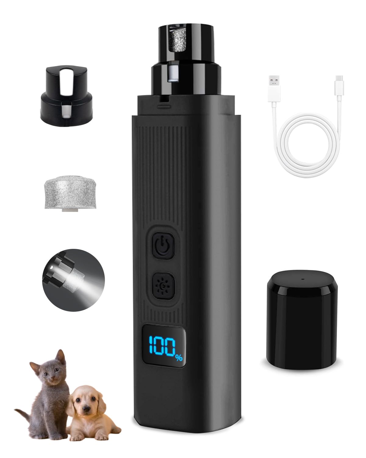 Dog Nail Grinder - 2 Speed Super Quiet and Low Vibration Electric Pet Nail Grinder - Rechargeable Dog Nail Trimmers for Small Dogs- Cat Nail Claw Clippers with 2 LED Lights（Black）