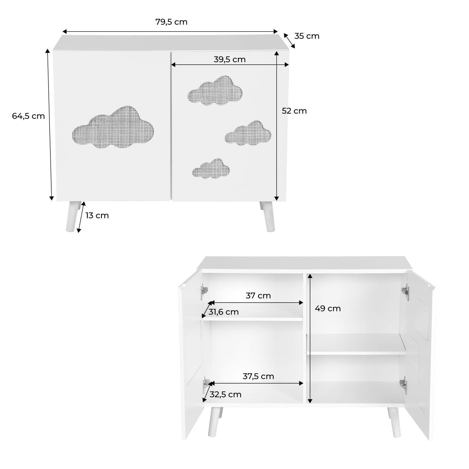 sweeek - Commode Enfant. Blanc. 2 Portes avec Nuages en cannage. 2 étagères