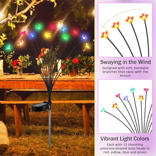 4 Pcs Solar Firefly Lights for Garden Swaying Lights Decoration Outdoor Garden Fairy Light for Yard Pathway Patio Lawn Waterproof Firefly Stake for Outside Holiday Decor(Flower)