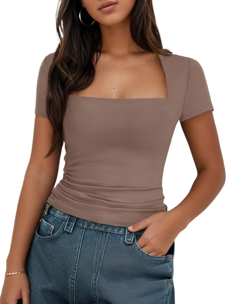 Timuspo Damen T-Shirt Kurzarm Eckiger Ausschnitt Crop Tops Casual Basic Shirt Slim Fit Y2k Oberteile Sommer Eng Sexy Tee Outfit Streetwear